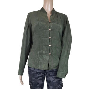 Dressbarn Army Green Mandarin Collar Velvet Blouse